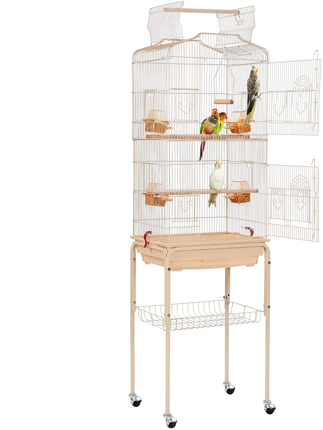 Topeakmart Open Play Top Large Parakeet Bird Cage for Small Birds Parrots Budgies Finches Canaries Lovebirds Metal Bird Cage with Rolling Stand Animals & Pet Supplies > Pet Supplies > Bird Supplies > Bird Cages & Stands Topeakmart Almond  