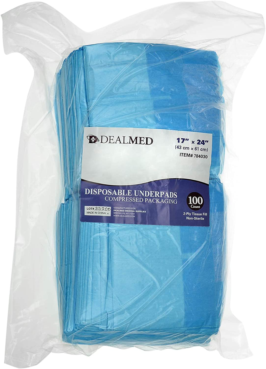 Dealmed Disposable Underpads, Non-Sterile, 2-Ply Tissue Fill, 24" X 17", Blue, 100 Count
