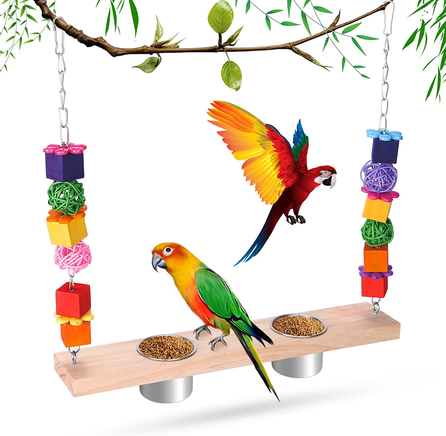 Bird Feeding Dish Cups with Parrot Perch Swing Chew Toys 4 in 1 Hanging Natural Wooden Bird Swing Stainless Steel Parrot Cage Feeder Water Bowl for Parakeet Cockatiels Lovebirds Budgie Pigeons Animals & Pet Supplies > Pet Supplies > Bird Supplies > Bird Cages & Stands KEVOTOMP   