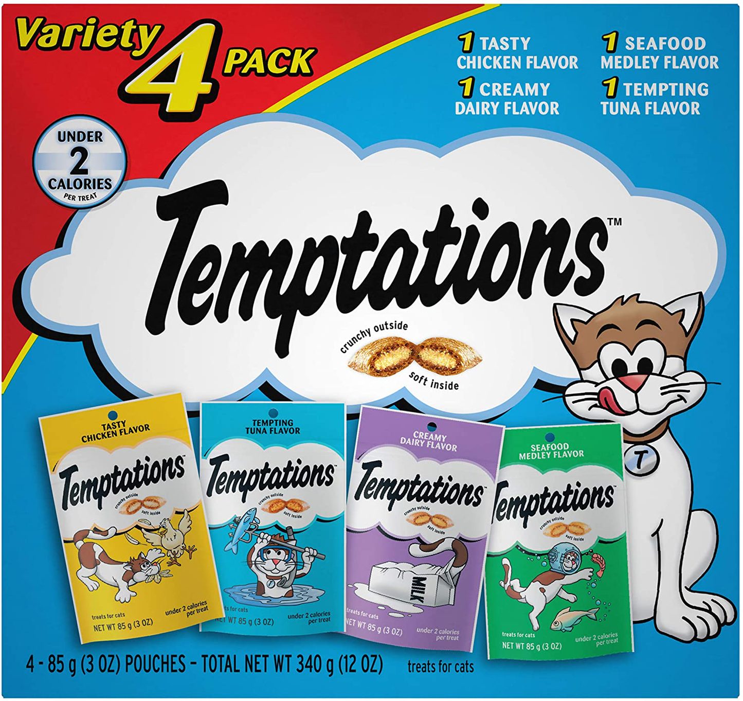 TEMPTATIONS Classic Crunchy and Soft Cat Treats Feline Favorite Variety Pack, (4) 3 Oz. Pouches Animals & Pet Supplies > Pet Supplies > Cat Supplies > Cat Treats Temptations   