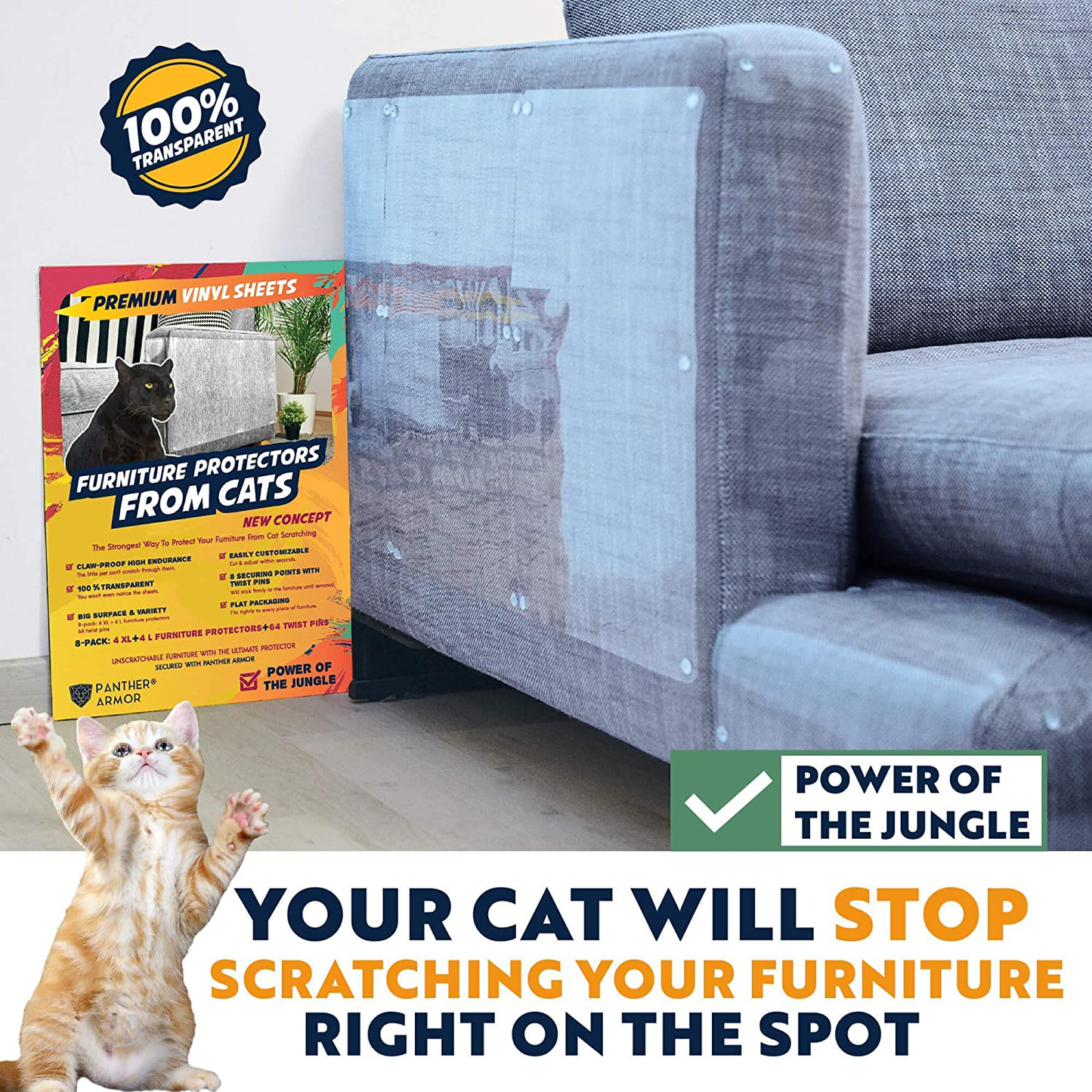 Panther Armor Furniture Protectors from Cat Scratch - 8(Eight)-Pack – Couch Guards for Cats - 4-Pack XL 17"L 12"W + 4-Pack Large 17"L 10"W Cat Scratch Deterrent - Couch Corner Cat Scratch Repellent