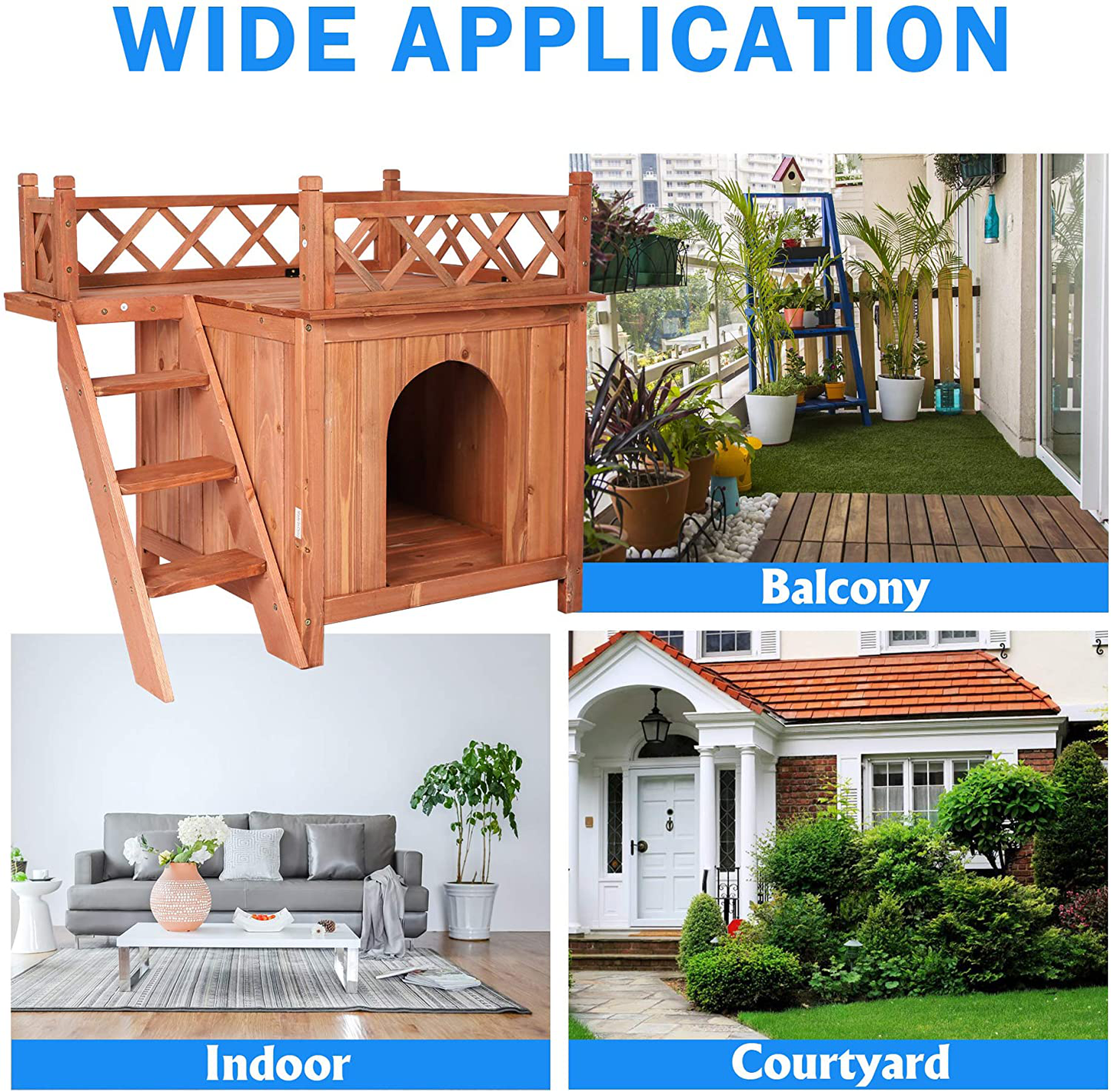 LONABR Wooden Pet Dog House 2 Tier Dog Room Shelter with Stairs and Balcony,All-Weather Puppy House for Indoor, Outdoor