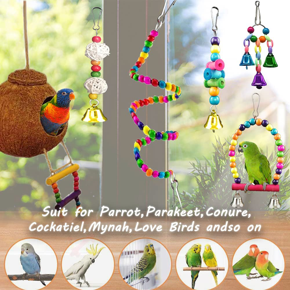 Bird Cage Accessories Parakeet Cage Accessories Cockatiels Toys Bird Cage Hammock Swing Set JKBBKLCZ Natural Wood Coconut Bird House with Ladder Small Bird Parrot Swing Chewing Toys Bird Toys Animals & Pet Supplies > Pet Supplies > Bird Supplies > Bird Cage Accessories JKBBKLCZ   