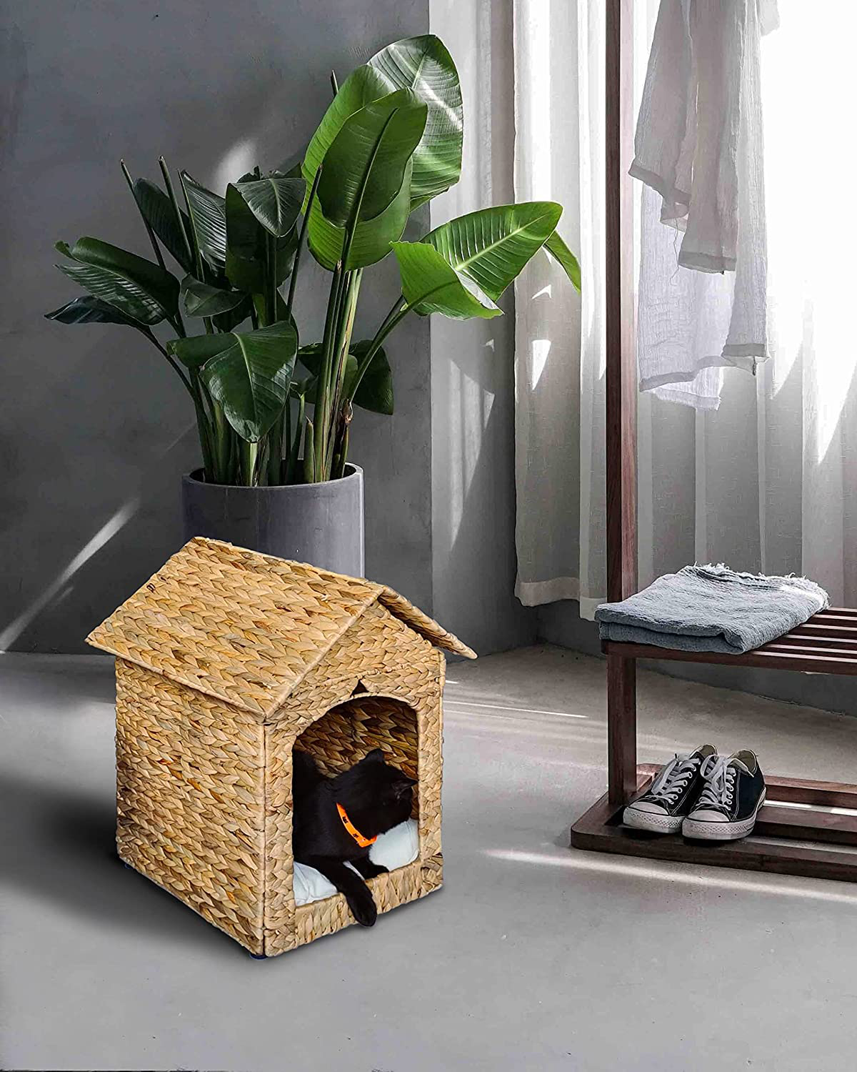 B.U.STYLE Ecofriendly Pet House Indoor, Foldable Puppy Bed, Cat Dog Housewater Hyacinth House for Indoor Used, and Natural Soft Cushion, Natural Color, 16.1Inl X 15.7W X 18.9Hin Animals & Pet Supplies > Pet Supplies > Dog Supplies > Dog Houses B.U.STYLE   