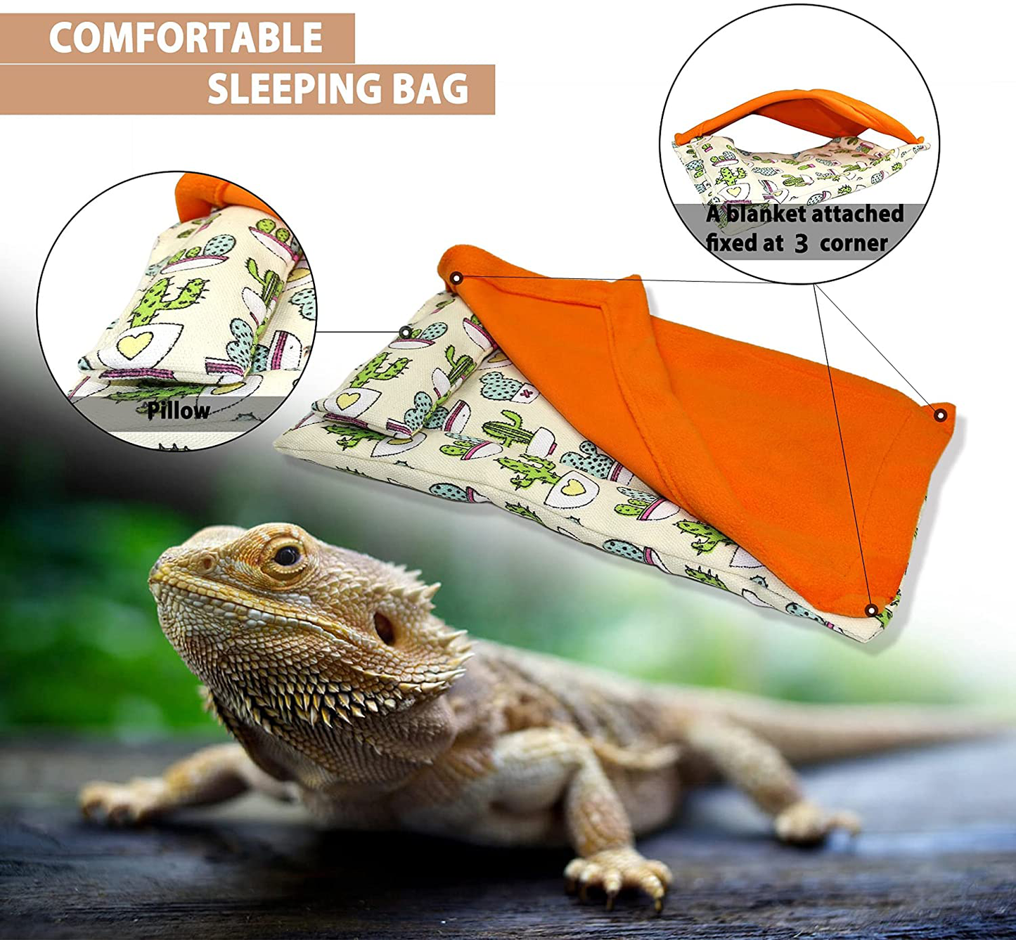 HAICHEN TEC Bearded Dragon Sleeping Bag with Pillow and Blanket Soft Bed Habitat Decor Cage Accessories for Reptile Bearded Dragon Leopard Gecko Lizard