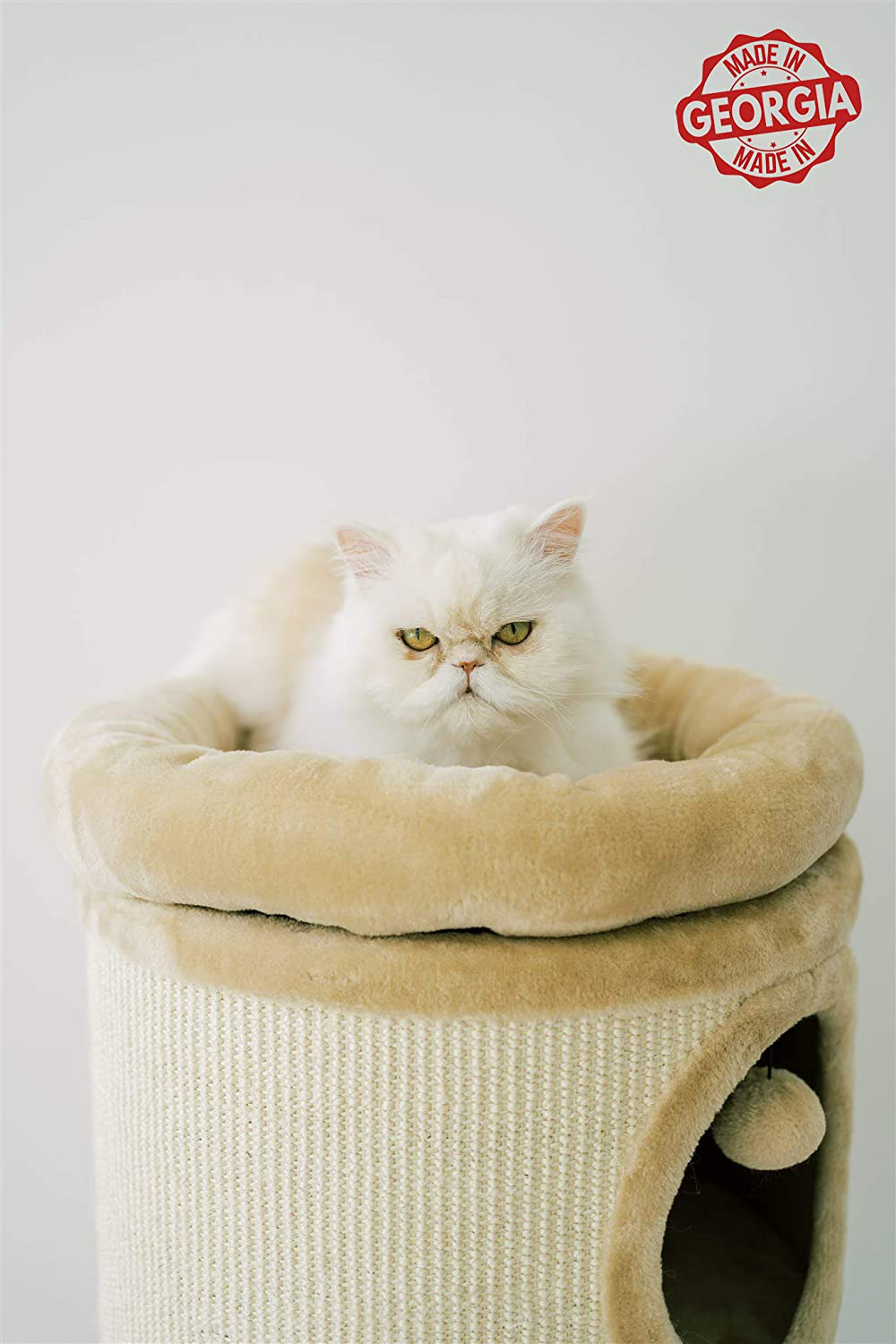 PAWMONA 37" 3 Story Cat Tree Condo Barrel Tower - Natural Sisal-Covered Scratch Cat Tree Barrel with Top High Edge Removable Snuggle Bed - Machine Washable - Made in Georgia