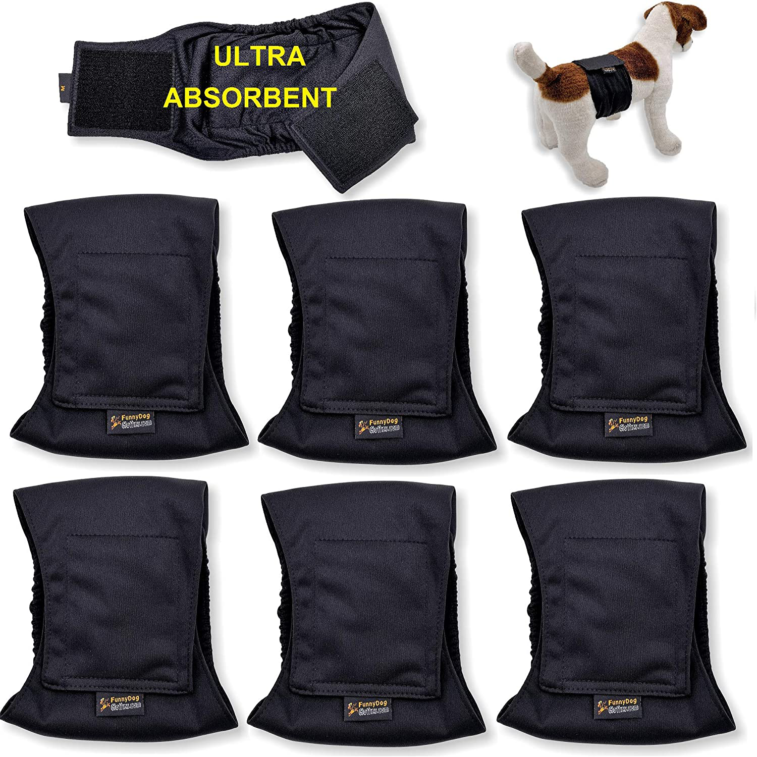 Funnydogclothes Pack of 3 or 6 Male Dog Diapers 4 - Layers of Absorbent Pads Waterproof Leak Proof Belly Band Wrap Washable Animals & Pet Supplies > Pet Supplies > Dog Supplies > Dog Diaper Pads & Liners FunnyDogClothes PACK of 6 Black XL: Waist 20" - 26" 