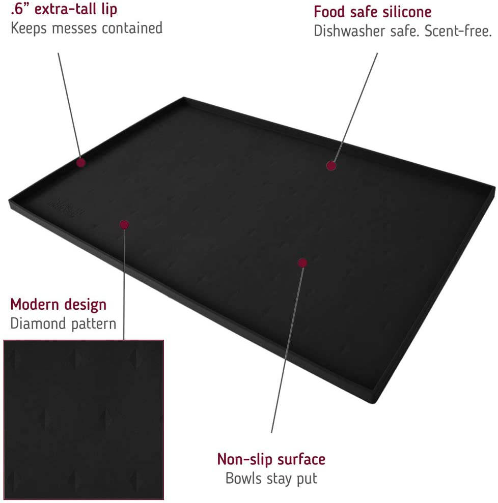 Leashboss Splash Mat Dog Food Mat with Tall Lip, M/L (20"X13"), XL (25”X17”) or XXL (30"X22") Dog Bowl Mat for Food and Water, Non Slip Waterproof Silicone Pet Food Mat for Dogs and Cats