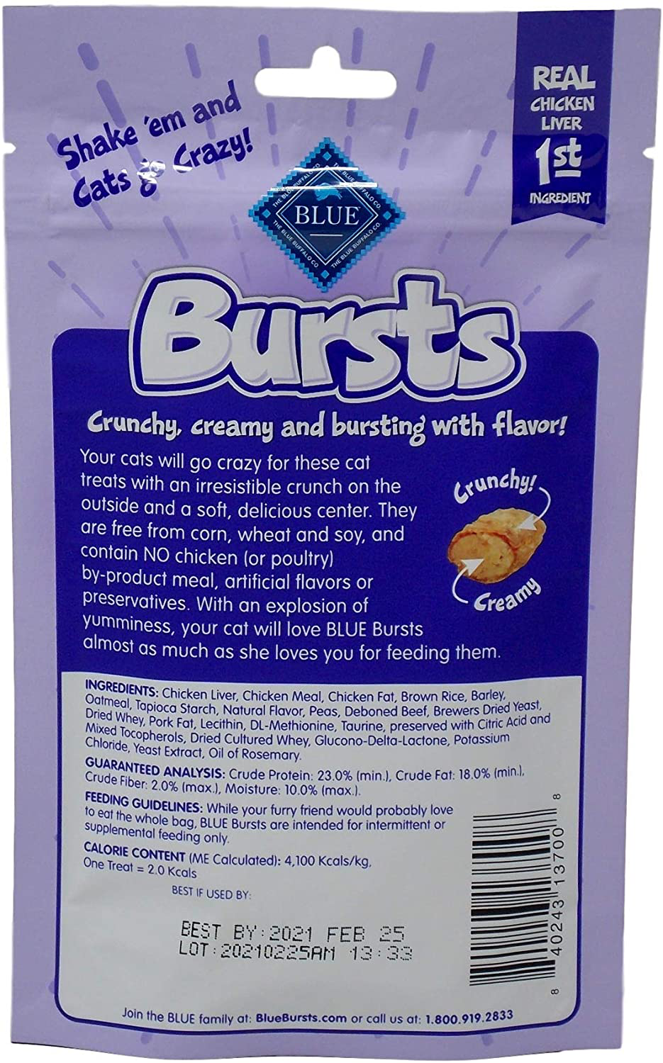 Blue Buffalo Bursts Natural Crunchy Creamy Treats for Cats 3 Flavor Variety | (1) Each: Liver Beef, Seafood, Chicken (2 Ounces) | plus Catnip Toy and Fun Facts Booklet Bundle Animals & Pet Supplies > Pet Supplies > Cat Supplies > Cat Treats Generic   