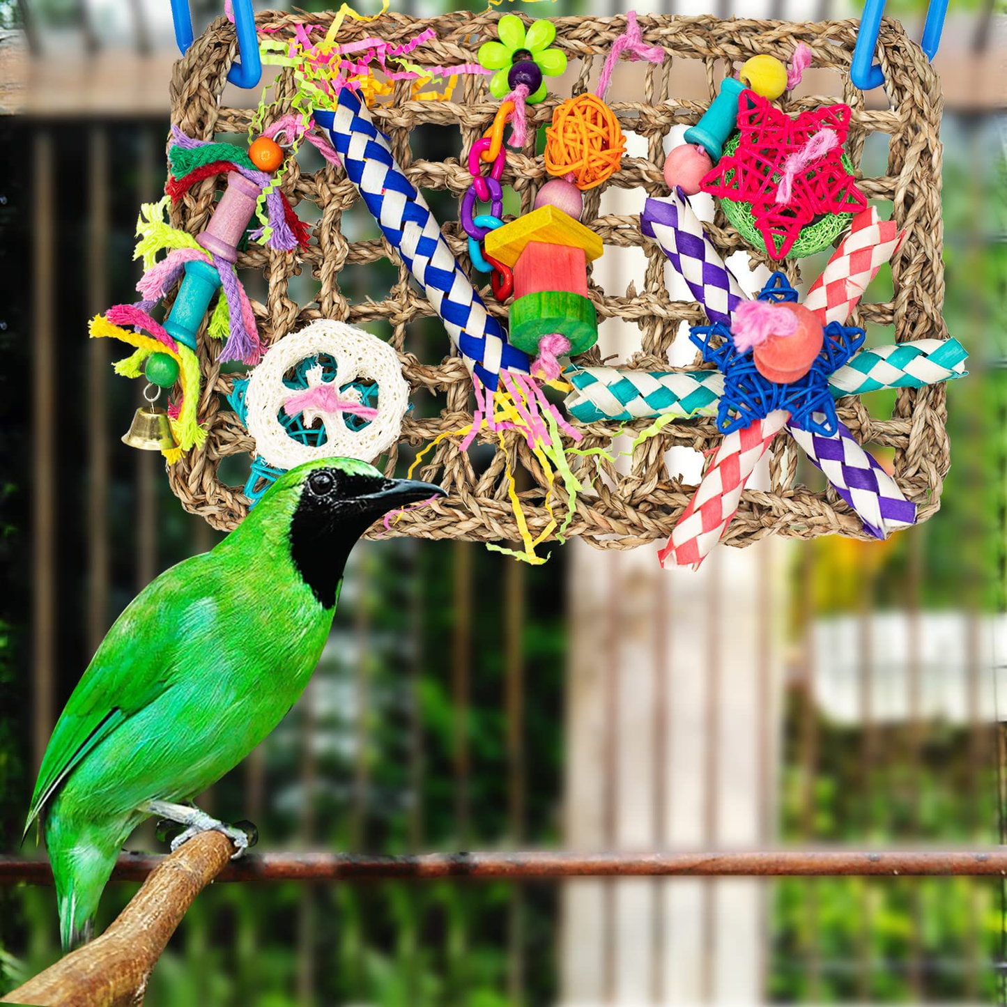 DERLOW Bird Toys Bird Foraging Wall Toy Natural Seagrass Woven Mat and Colorful Wooden Blocks Chewing Toys Bird Swing Climbing Toy, Suitable for Lovebirds Parakeets Parrot Cockatiel Animals & Pet Supplies > Pet Supplies > Bird Supplies > Bird Toys DERLOW   