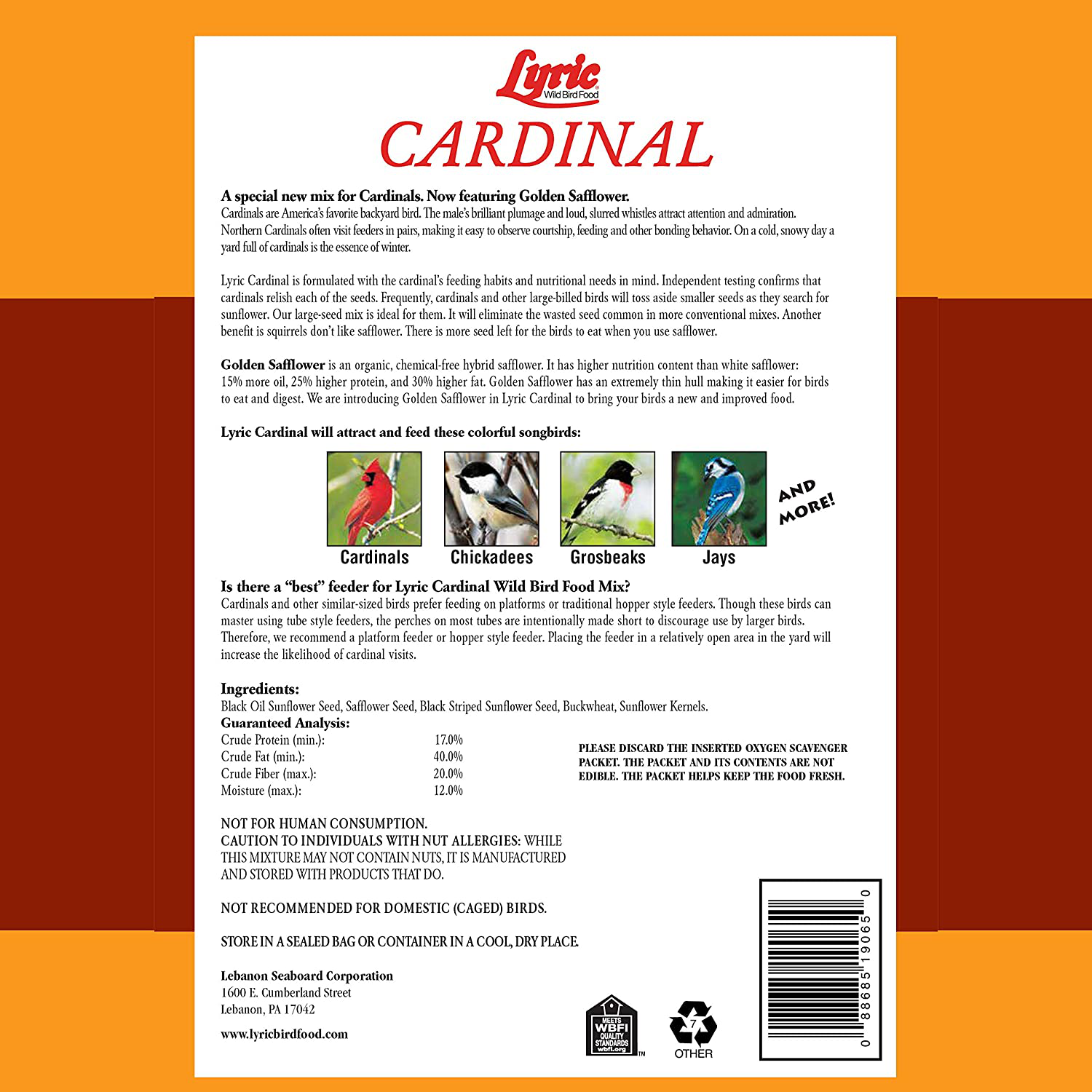 Lyric 2647467 Cardinal Premium Sunflower and Safflower Wild Bird Mix, 3.75 Lb, Dark Animals & Pet Supplies > Pet Supplies > Bird Supplies > Bird Food Lyric   