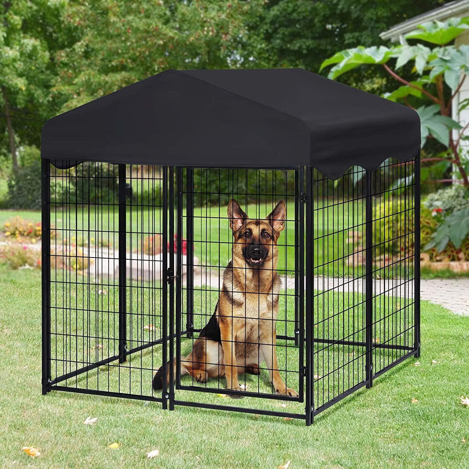 TOOCAPRO Large Dog Kennel 4Ft X 4.2Ft X 4.45Ft Dog Crate Cage Heavy Duty Metal Dog House Large Pet Playpen with Uv-Proof Waterproof Cover Roof & Invisible Lock for Large to Small Dog Outdoor/Indoor Use