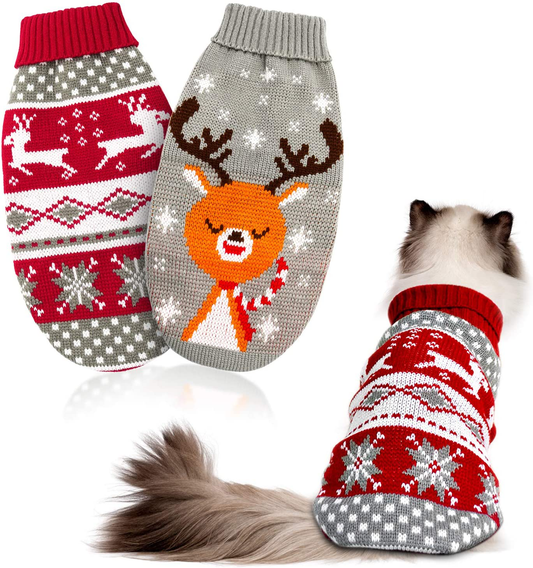 HYLYUN Cat Christmas Sweater 2 Packs - Puppy Christmas Sweater Pet Reindeer Snowflake Sweaters for Kittys and Small Dogs Animals & Pet Supplies > Pet Supplies > Cat Supplies > Cat Apparel HYLYUN Small(Pack of 2)  
