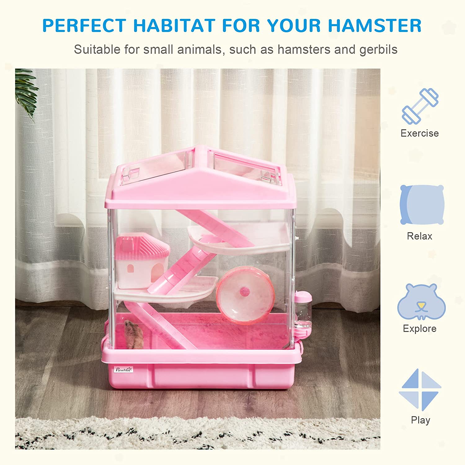 Pawhut Multi-Tier Hamster Cage, Animal Enclosure Starter Kit for Small Pets, Ventilated Steel Wire and Plastic with Exercise Wheel, Food Dish, Water Bottle, Pink