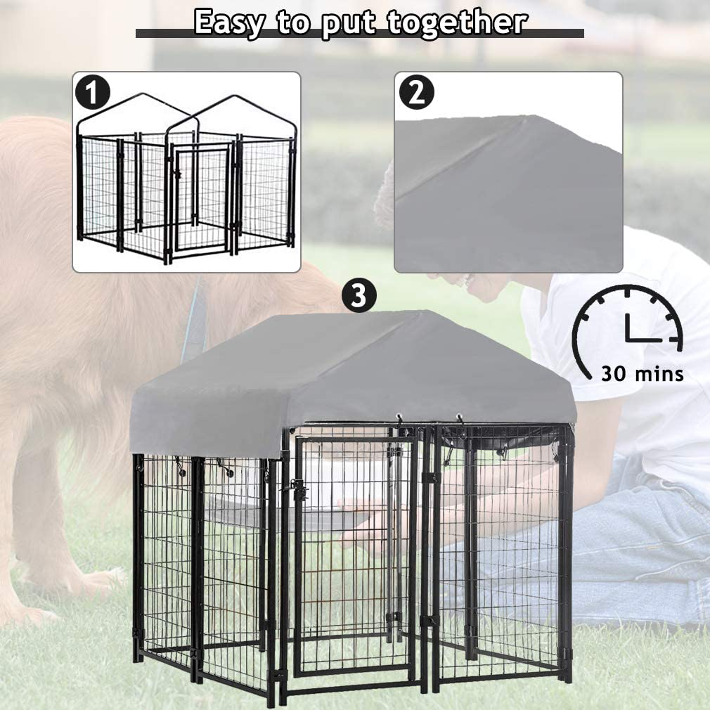 Welded Wire Dog Kennel Dog Crates Cage Large Metal Heavy Duty Outdoor Indoor Pet Playpen with a Roof and Water-Resistant Cover Animal Dog Enclosure for Large Dog