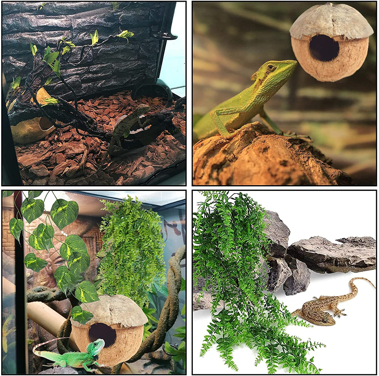 PINVNBY Reptile Coconut Hideout Lizard Coconut Hut Reptile Habitat Decoration with Artificial Bendable Vines Green Plants and Leaves Gecko Tank Accessories for Chameleon Bearded Dragons Snakes Animals & Pet Supplies > Pet Supplies > Reptile & Amphibian Supplies > Reptile & Amphibian Habitat Accessories PINVNBY   