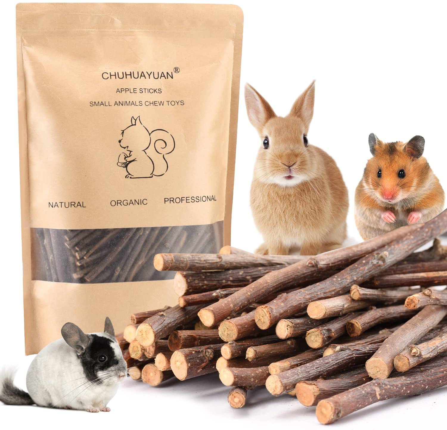 CHUHUAYUAN Natural Apple Sticks, 300G Treats Food for Small Animals, Chew Toys for Chinchilla Guinea Pigs Rabbit Squirrel Hamster Bunny