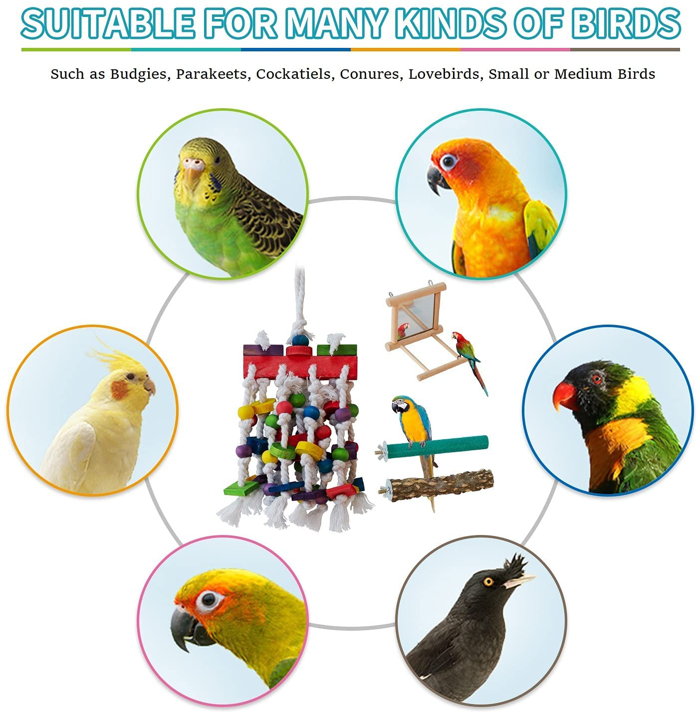 VECELA Parrot Toys, Bird Parrot Toys Set - Parrot Chewing Toys Knots Blocks, Parrot Mirror, Bird Perches - Bird Cage Toys for Budgies, Parakeets, Cockatiels, Conures, Lovebirds, Small or Medium Birds Animals & Pet Supplies > Pet Supplies > Bird Supplies > Bird Ladders & Perches VECELA   