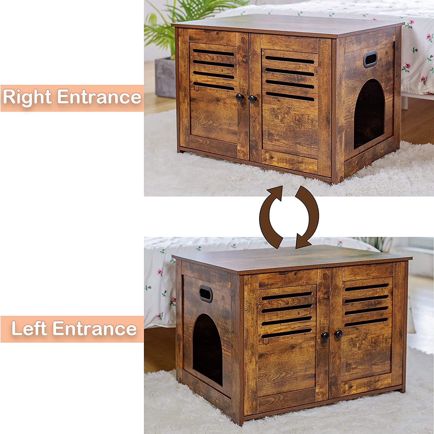 DINZI LVJ Litter Box Enclosure, Cat Litter House with Louvered Doors, Entrance Can Be on Left or Right Side, Spacious Hidden Cat Washroom for Most of Litter Box, Cat Furniture Cabinet, Rustic Brown Animals & Pet Supplies > Pet Supplies > Cat Supplies > Cat Furniture DINZI LVJ   