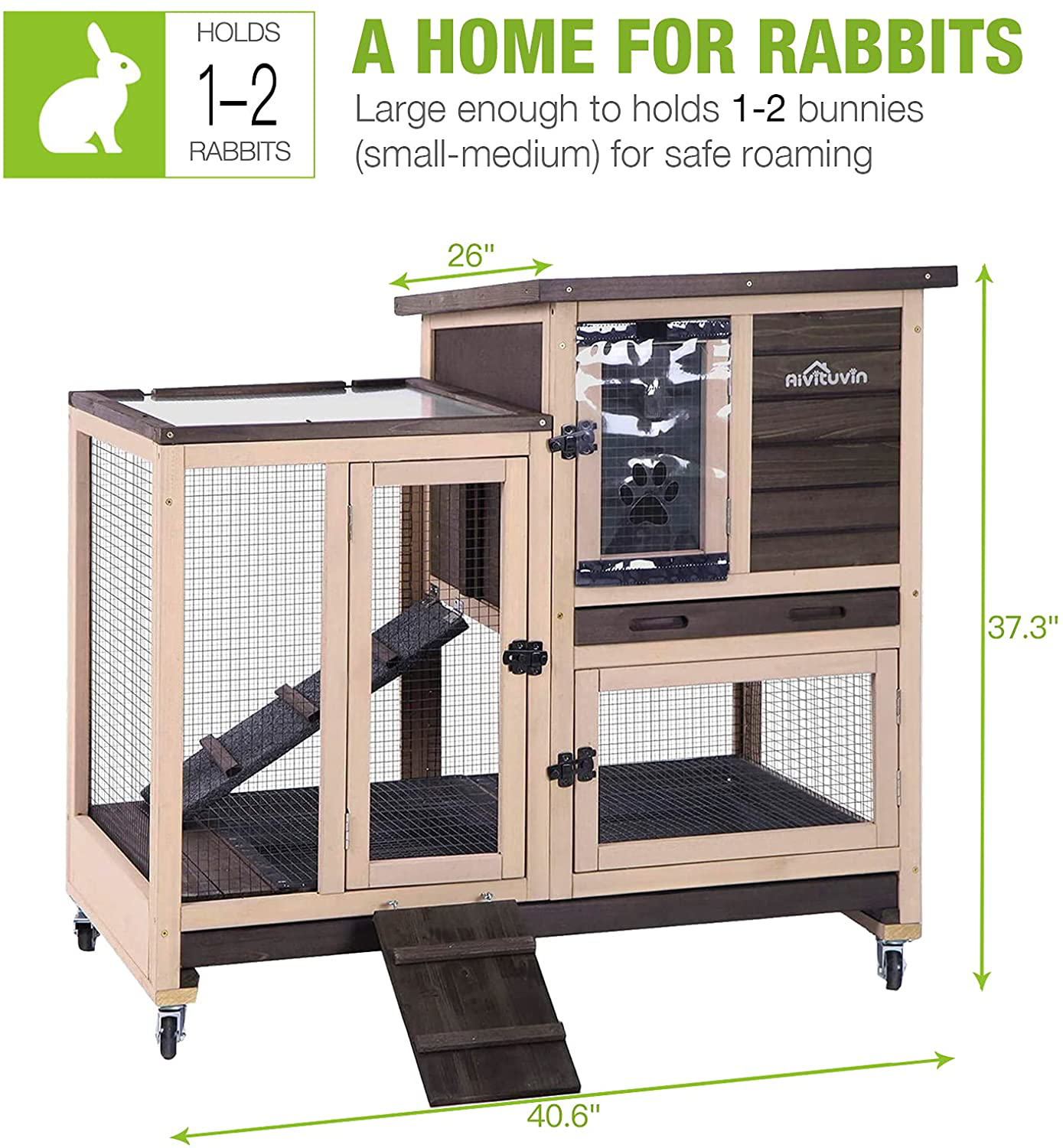 Indoor Outdoor Rabbit Hutch, Bunny Cage on Wheels with 2 Deep No Leakage Pull Out Trays (Coffee) Animals & Pet Supplies > Pet Supplies > Small Animal Supplies > Small Animal Habitats & Cages GUTINNEEN   