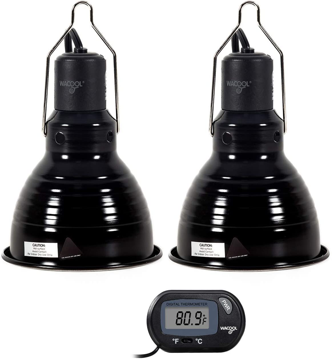 WACOOL Reptile Light Fixture 5.5 Inch & Thermometer, Pack of 2 PCS Deep Dome Cap Lamp Fixture Optical Reflection Cover & Temperature Gauge for Reptile Heat Lamp UVA UVB Light Bulb