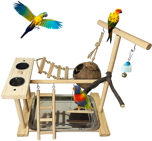 Hamiledyi Parrot Playground Bird Playstand Wood Perch Gym with Feeder Cups Toys Cockatiel Nest with Ladder for Conure Lovebirds Animals & Pet Supplies > Pet Supplies > Bird Supplies > Bird Gyms & Playstands Hamiledyi   