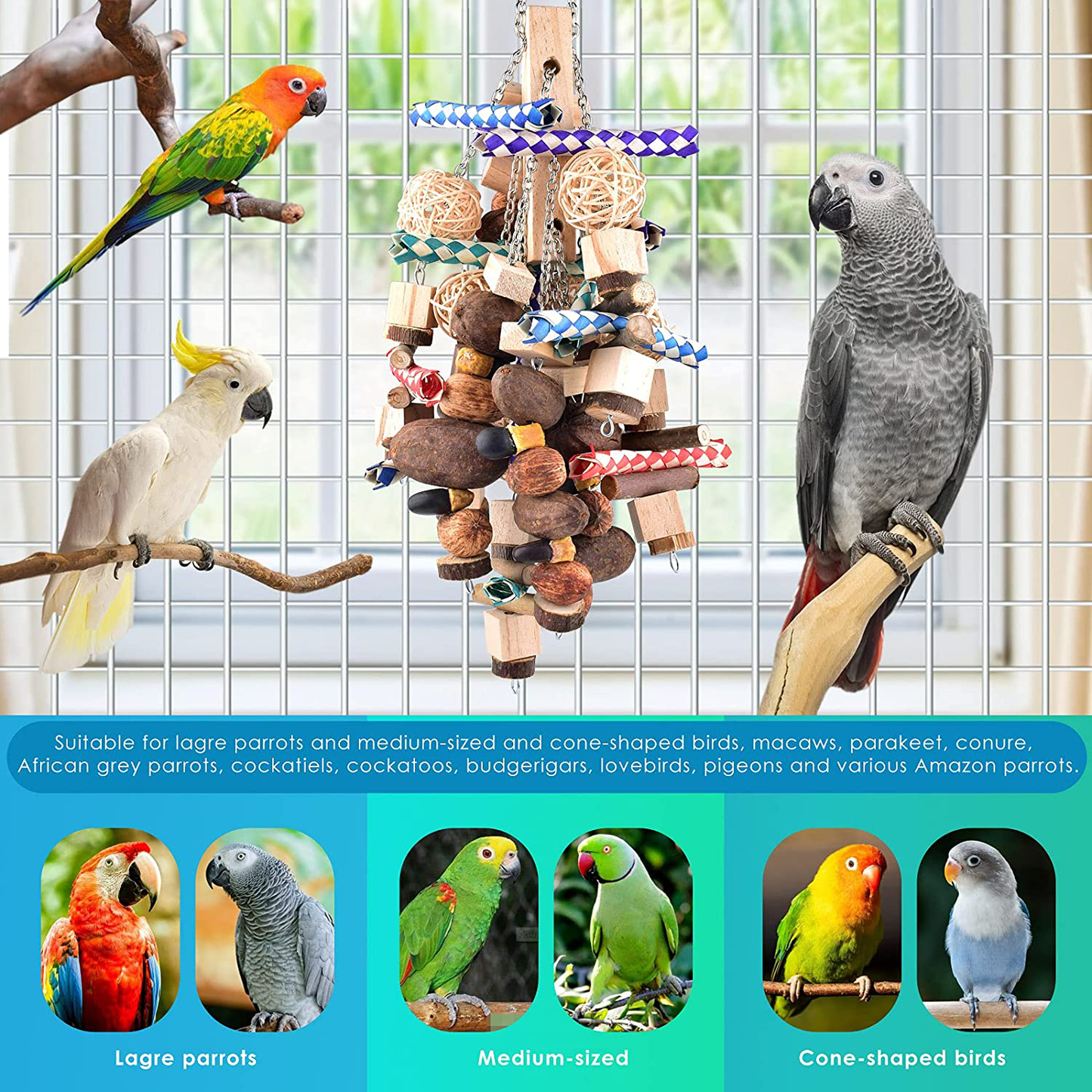 Bissap Large Parrot Chew Toys, Bird Parrot Hanging Bite Wooden Blocks Cage Fun Toy for Macaw African Greys Cockatoo Eclectus Budgies Parakeet Cockatiel Ect Large Medium Birds Animals & Pet Supplies > Pet Supplies > Bird Supplies > Bird Toys Bissap   