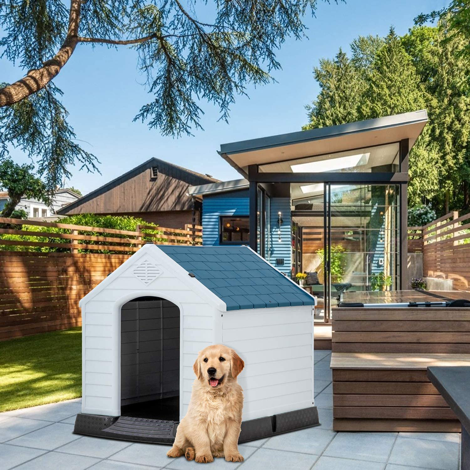 Large Dog House for Large Medium Dogs 32X30.5X34.5 Inches Plastic Water Resistant Dog Houses with Base Support for Winter Tough Durable House with Air Vents Elevated Floor Animals & Pet Supplies > Pet Supplies > Dog Supplies > Dog Houses FLL   