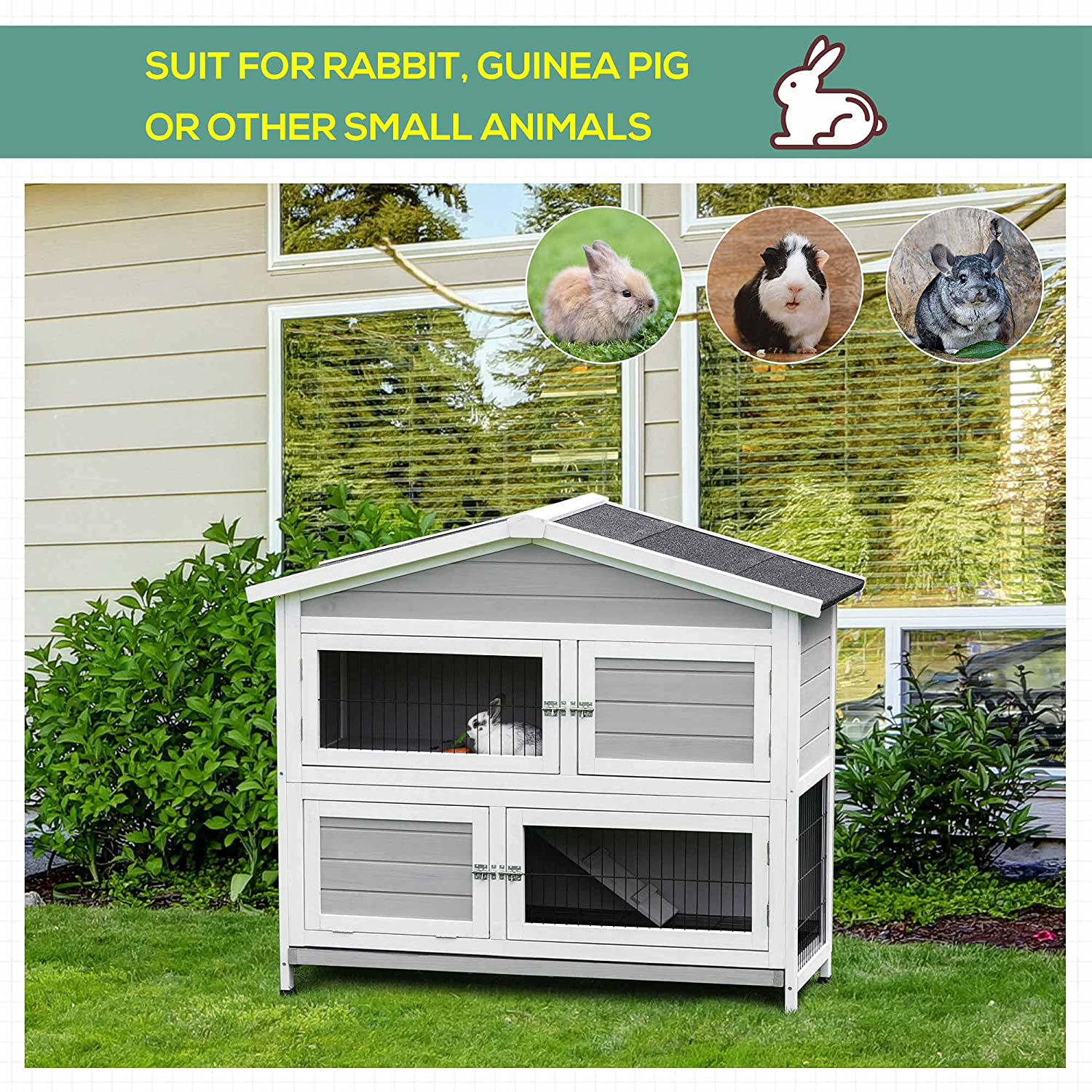 Pawhut 48" 2-Floor Large Rabbit Hutch Wooden Pet House Multi-Door Bunny Cage Small Animal Habitat with Ramp Slide-Out Tray Run Area Asphalt Roof Light Grey Animals & Pet Supplies > Pet Supplies > Small Animal Supplies > Small Animal Habitats & Cages PawHut   