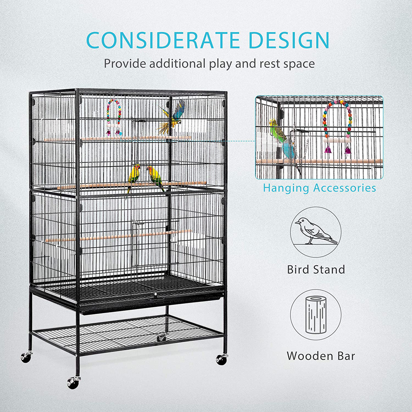 VIVOHOME 53 Inch Wrought Iron Large Bird Cage with Rolling Stand for Parrots Conures Lovebird Cockatiel Parakeets Animals & Pet Supplies > Pet Supplies > Bird Supplies > Bird Cage Accessories VIVOHOME   