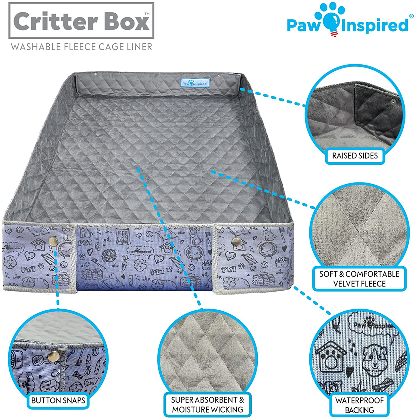 Paw Inspired Critter Box | Washable Guinea Pig Cage Liners with Raised Sides | Super Absorbent Fleece Bedding for Guinea Pigs Rabbits, Hamsters, & All Small Animals | Edge Protected Pee Pads