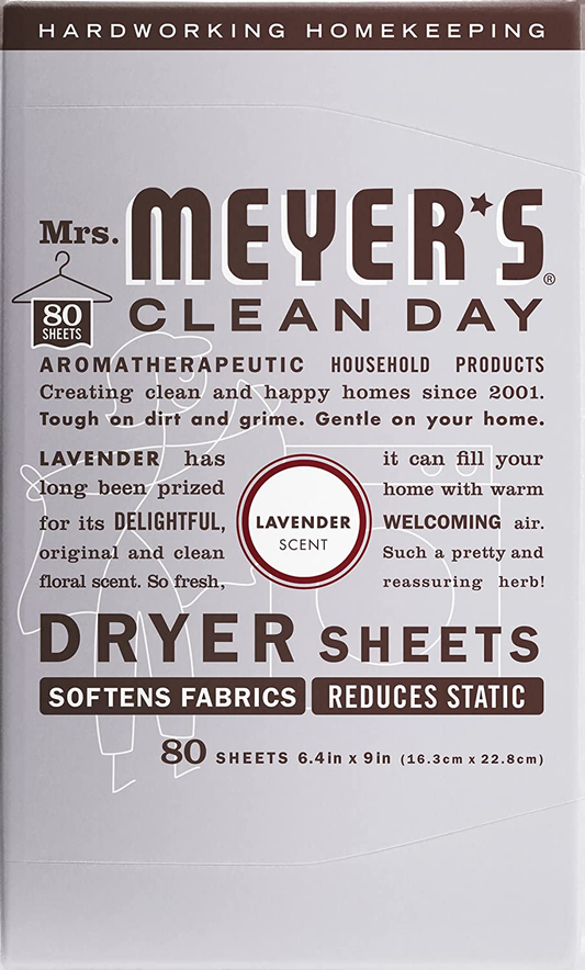 Mrs. Meyer'S Clean Day Dryer Sheets, Fabric Softener, Reduces Static, Cruelty Free Formula Infused with Essential Oils, Lavender Scent, 80 Count Animals & Pet Supplies > Pet Supplies > Small Animal Supplies > Small Animal Bedding MRS. MEYER'S CLEAN DAY Lavender  