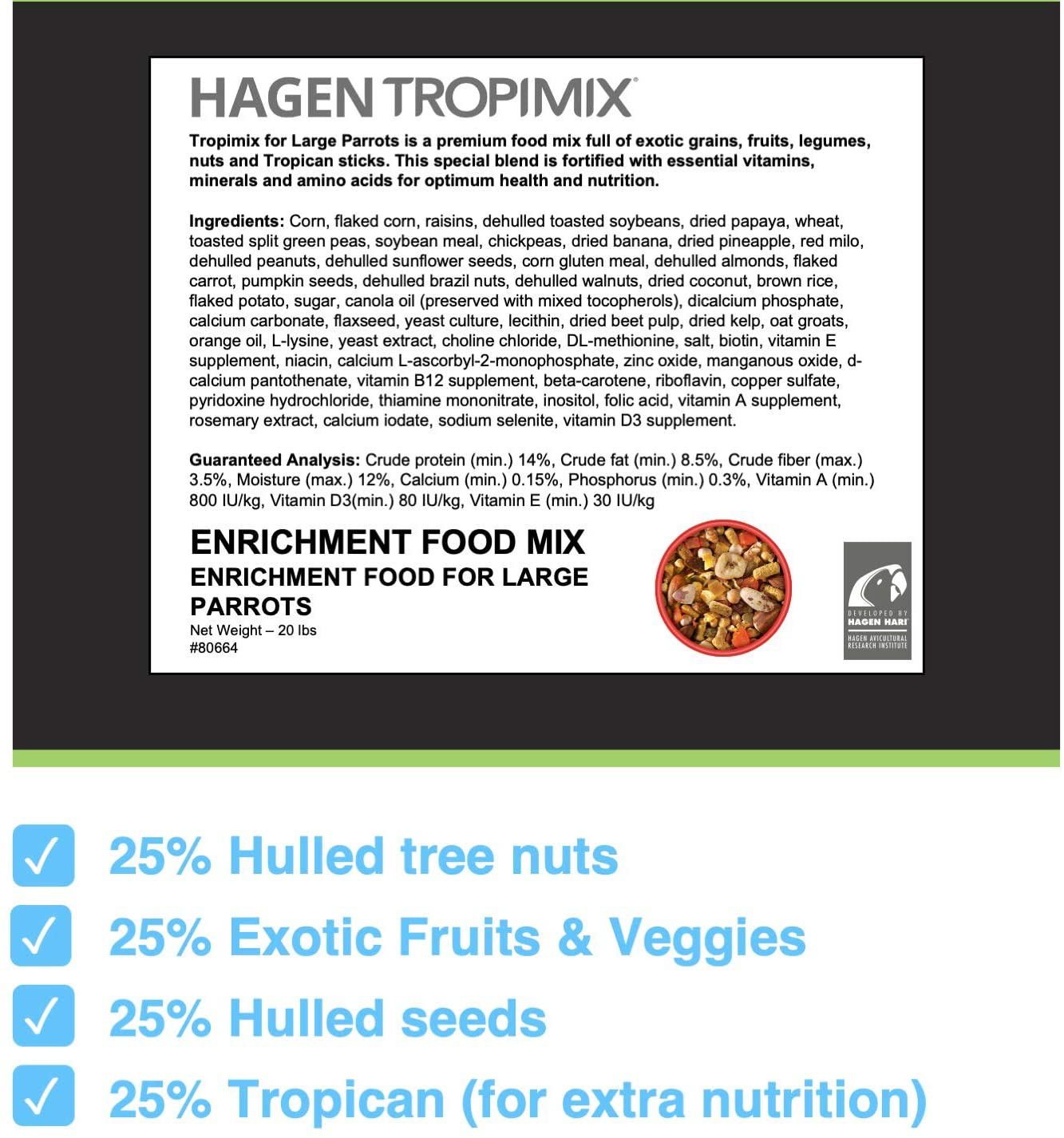 Hagen Tropimix Bird Food, HARI Large Parrot Food with Seeds, Fruit, Nuts, Vegetables, Grains, and Legumes, Enrichment Food Animals & Pet Supplies > Pet Supplies > Bird Supplies > Bird Treats Hari   