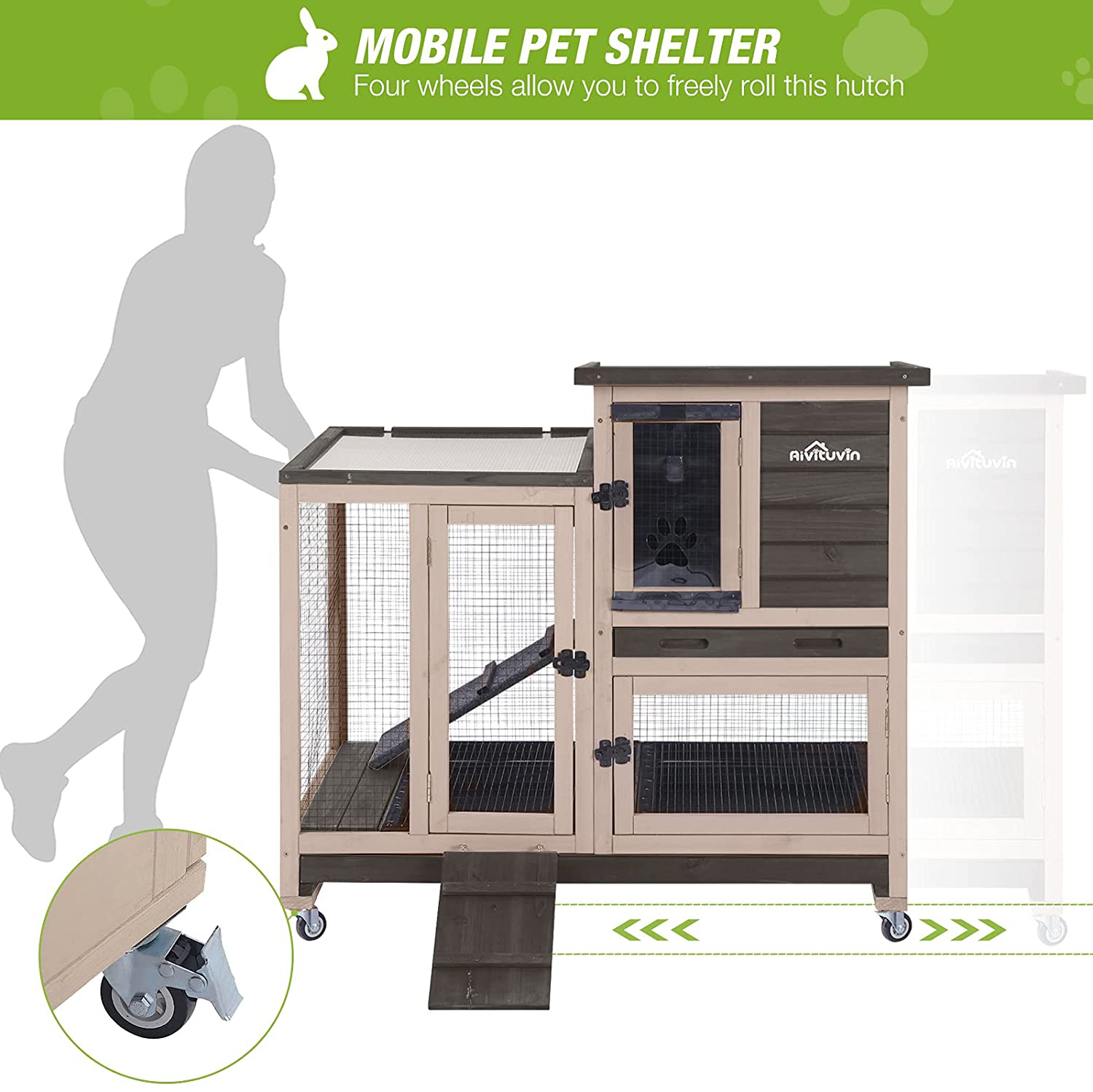 Indoor Outdoor Rabbit Hutch, Bunny Cage on Wheels with 2 Deep No Leakage Pull Out Trays (Coffee) Animals & Pet Supplies > Pet Supplies > Small Animal Supplies > Small Animal Habitats & Cages GUTINNEEN   