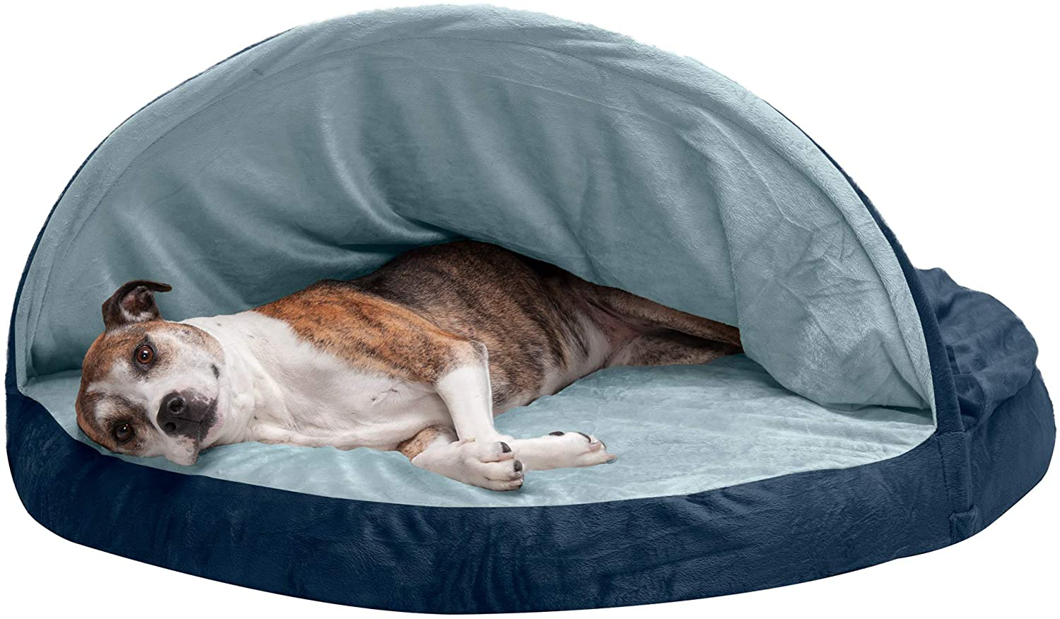 Furhaven Cozy Pet Beds for Small, Medium, and Large Dogs and Cats - Snuggery Hooded Burrowing Cave Tent, Deep Dish Cushion Donut Dog Bed with Attached Blanket, and More Animals & Pet Supplies > Pet Supplies > Cat Supplies > Cat Beds Furhaven Microvelvet Navy Snuggery (Cooling Gel Foam) 44 inch
