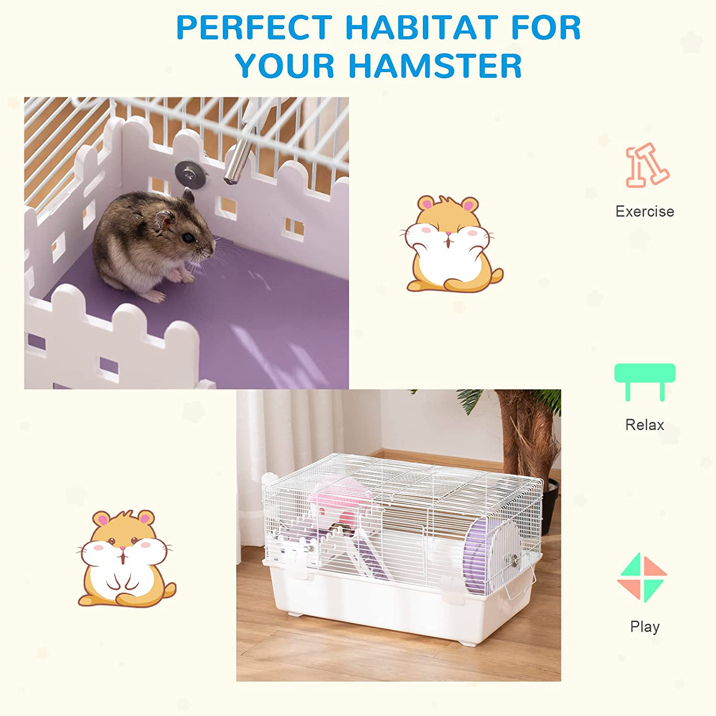 Pawhut 2 Tier Hamster Cage Gerbil Haven Multi-Storey Rodent House Small Animal Habitat with Water Bottle, Excise Wheel, Ladder, Hut, White Animals & Pet Supplies > Pet Supplies > Small Animal Supplies > Small Animal Habitats & Cages PawHut   