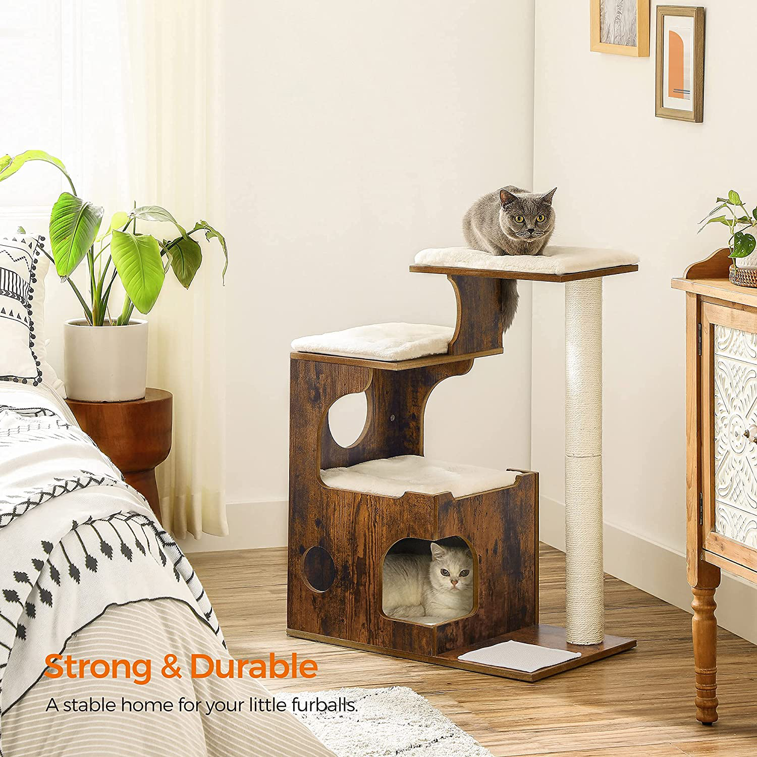 FEANDREA 33.9-Inch Cat Tower, Medium Cat Tree with 3 Beds and Cave, Cat Condo Made of MDF with Wood Veneer, Sisal Post and Washable Faux Fur, Vintage, Rustic Brown and White UPCT70HW Animals & Pet Supplies > Pet Supplies > Cat Supplies > Cat Furniture FEANDREA   