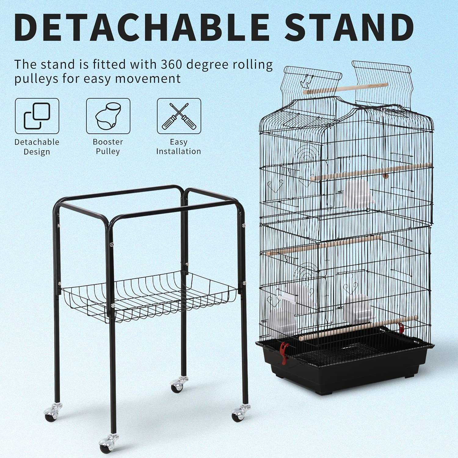 HCB 64-Inch Open Top Standing Bird Cage with Rolling Stand for Parrots Lovebirds Parakeets Cockatiel Medium Small Bird Cage Animals & Pet Supplies > Pet Supplies > Bird Supplies > Bird Cages & Stands HCB   