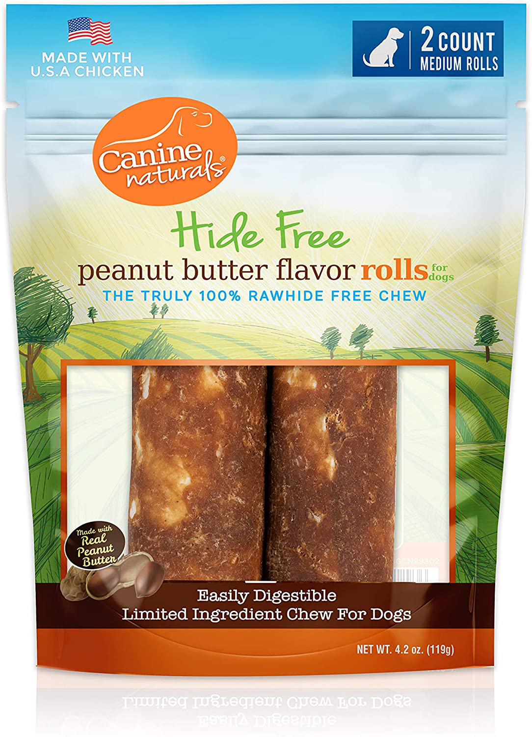 Canine Naturals Natural Peanut Butter Chew Rolls - 100% Rawhide Free and Collagen Free Dog Treats - Made with Real Peanut Butter - All-Natural and Easily Digestible (Variety of Sizes) Animals & Pet Supplies > Pet Supplies > Small Animal Supplies > Small Animal Treats Canine Naturals 4” Medium Roll – 2 Pack  