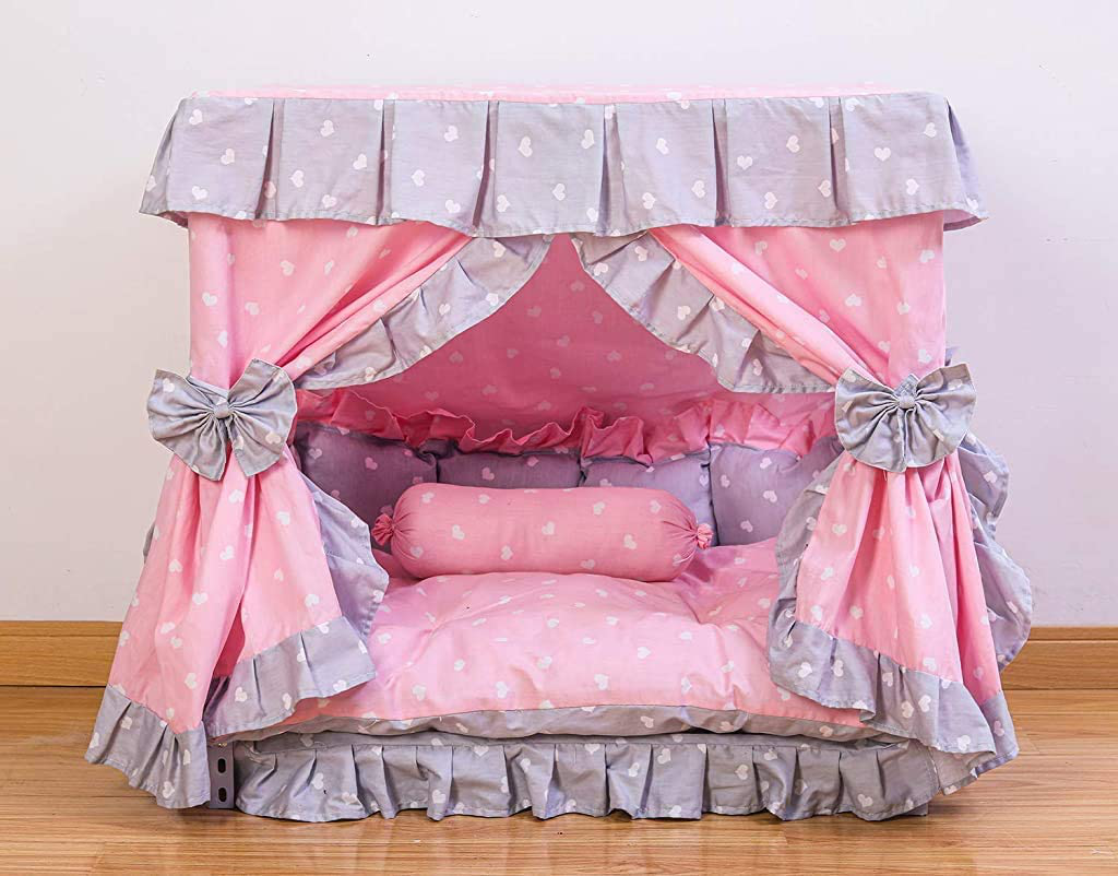 Kolachic Princess Pink Grey White Heart Pet Dog Handmade Bed House+1 Candy Pillow