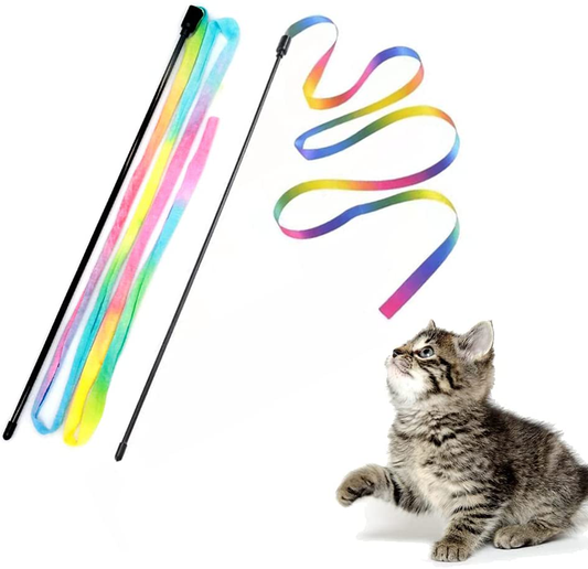 LASOCUHOO Interactive Cat Rainbow Wand Toys, Interactive Cat Teaser Wand String, Colorful Ribbon Charmer for Kittens - 2 PCS