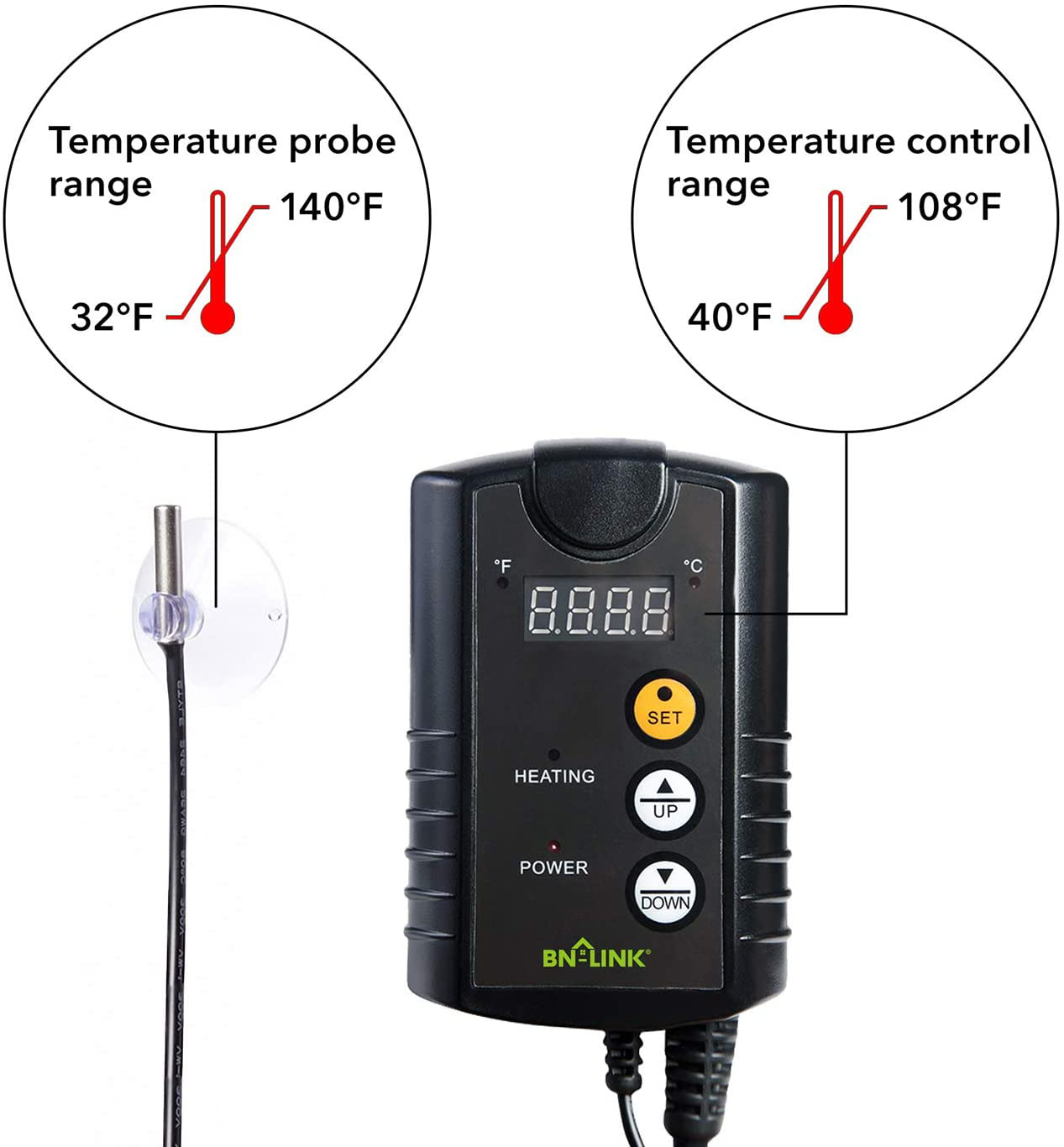 BN-LINK Digital Heat Mat Thermostat Controller for Seed Germination, Reptiles and Brewing Breeding Incubation Greenhouse, 40-108°F, 8.3A 1000W ETL Listed Animals & Pet Supplies > Pet Supplies > Reptile & Amphibian Supplies > Reptile & Amphibian Habitat Heating & Lighting BN-LINK   
