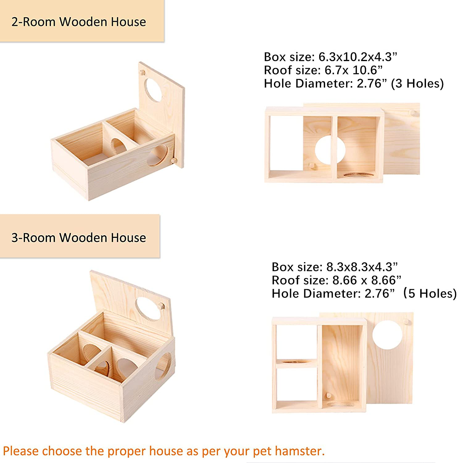 Multi-Room Hamster Wooden House, Pet Cages Accessories Chew Climbing Toys, Small Animal Flat Top Nesting Habitat Decor Maze, Play Hut Hideout Platform for Dwarf Syrian Macaroni Hamster Chipmunk Gerbil