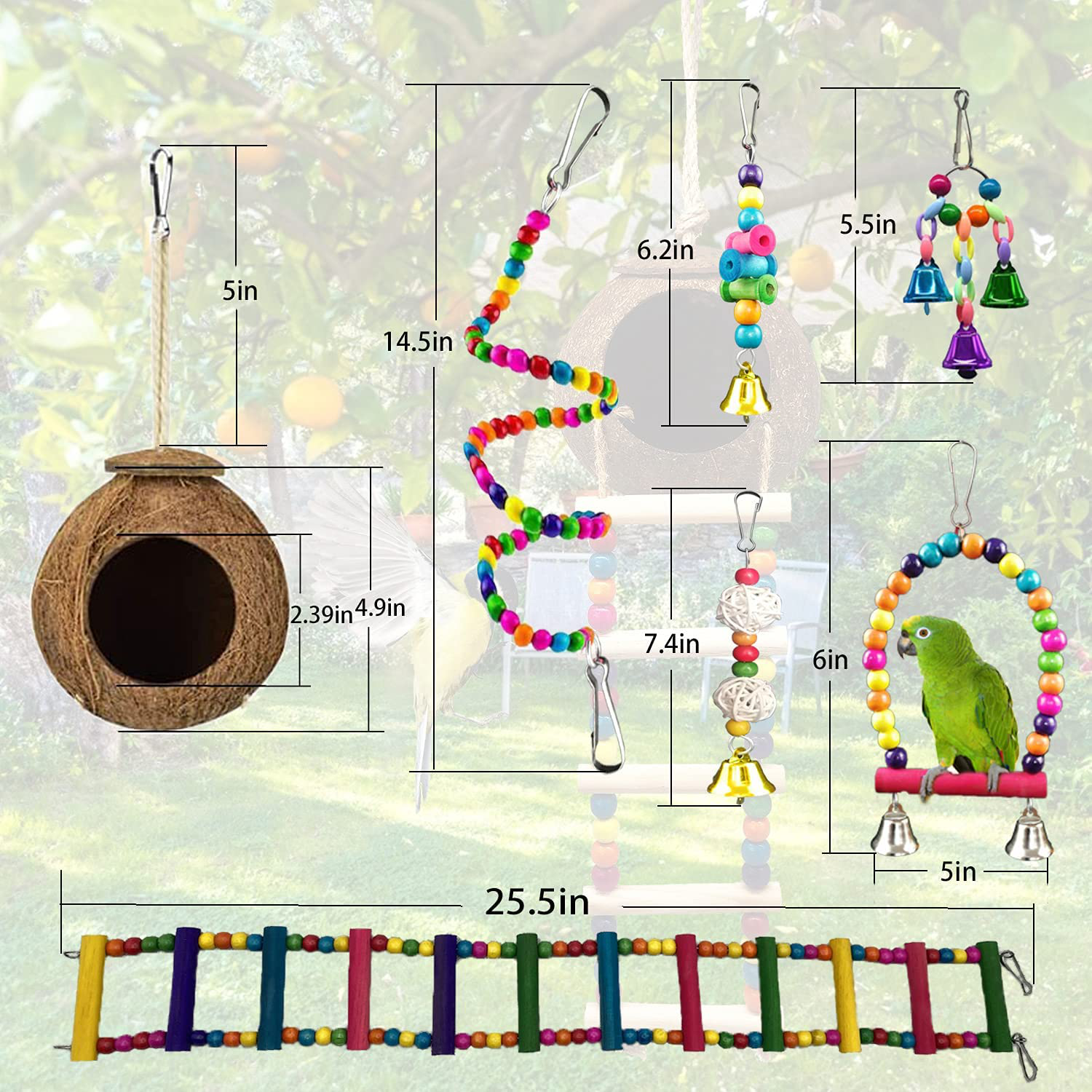 Bird Cage Accessories Parakeet Cage Accessories Cockatiels Toys Bird Cage Hammock Swing Set JKBBKLCZ Natural Wood Coconut Bird House with Ladder Small Bird Parrot Swing Chewing Toys Bird Toys Animals & Pet Supplies > Pet Supplies > Bird Supplies > Bird Cage Accessories JKBBKLCZ   