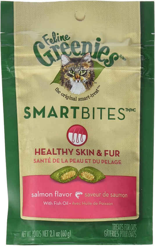 Greenies Feline SMARTBITES Skin & Fur Salmon 2.1Oz - Six (6) Packages