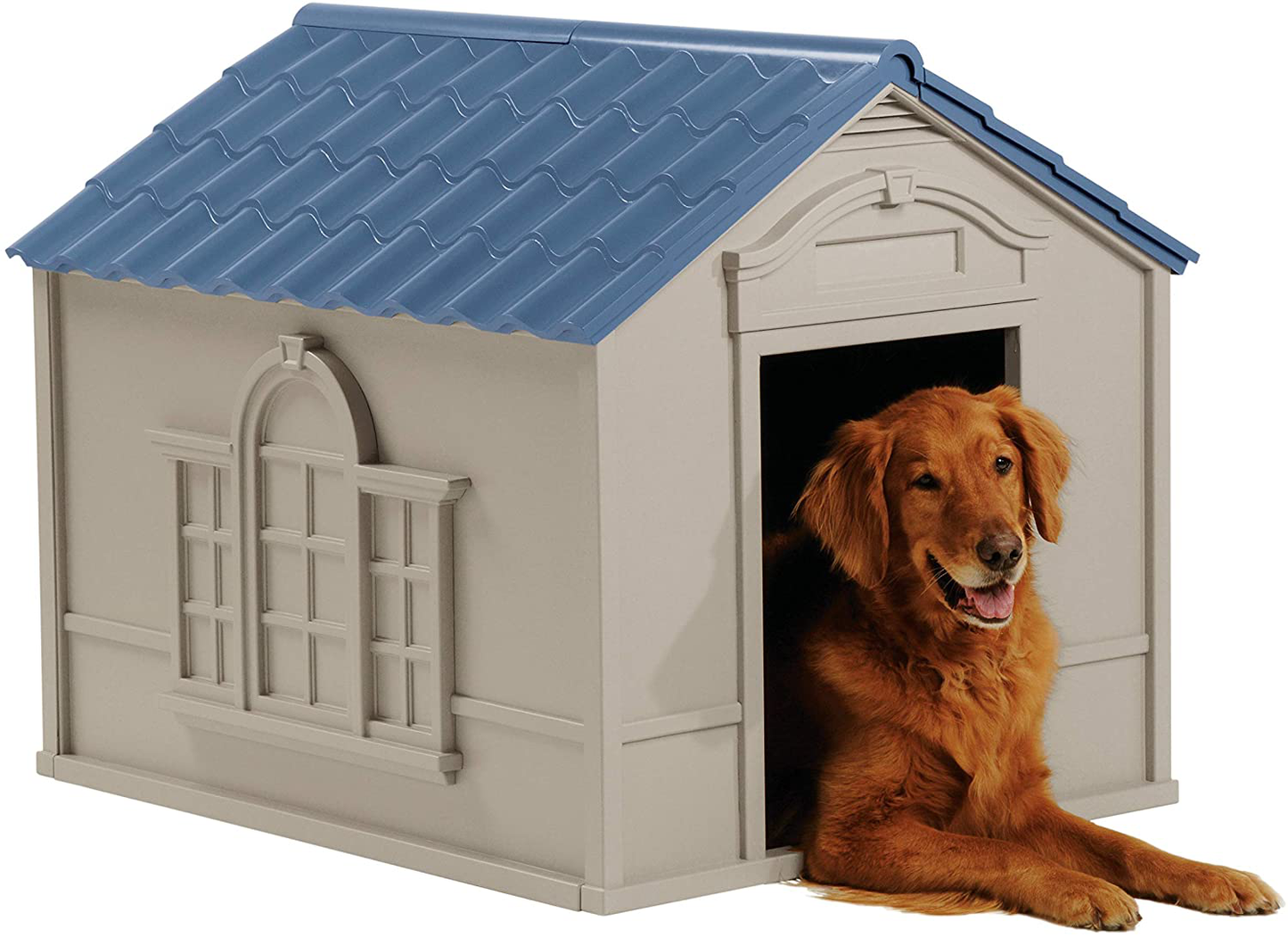 Suncast Outdoor Dog House with Door - Water Resistant and Attractive for Small to Large Sized Dogs - Easy to Assemble - Perfect for Backyards