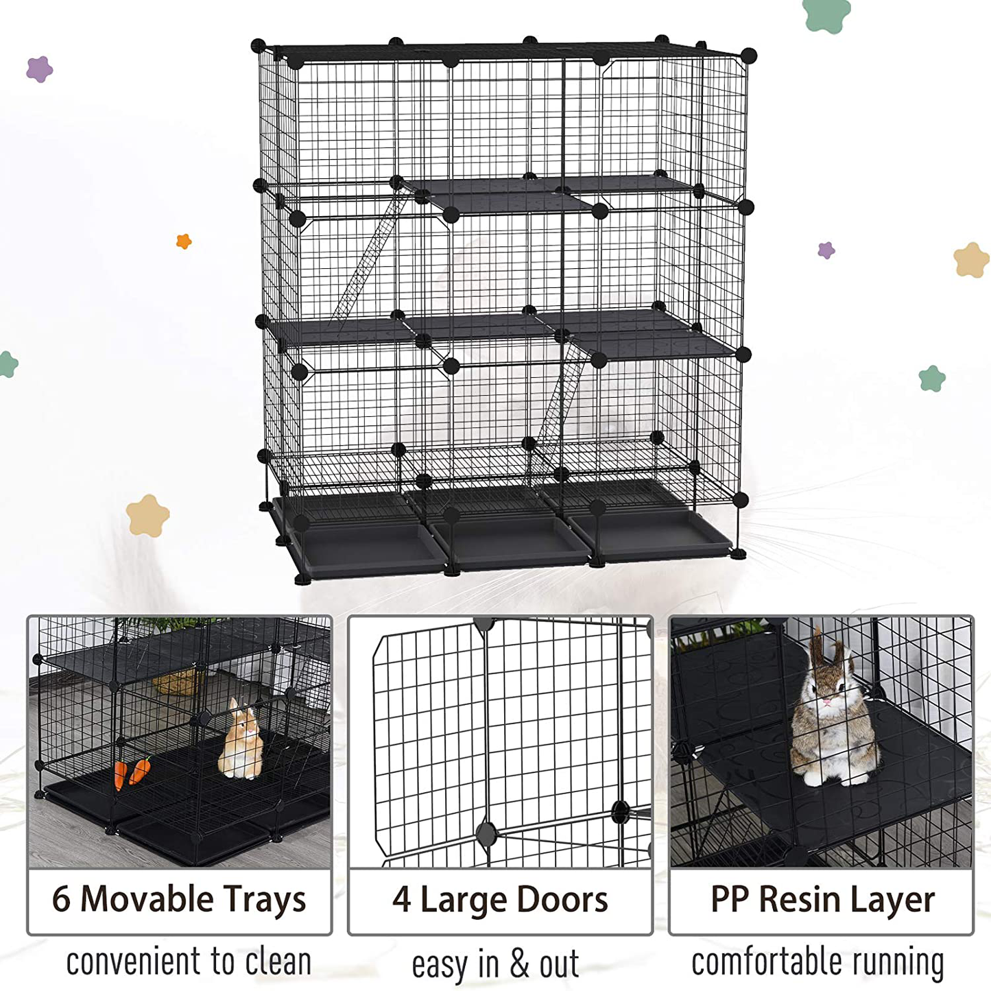Pawhut DIY Pet Playpen Wire Rabbit Cage for Kitten, Chinchillas, & Small Animals with 6 Independent Trays