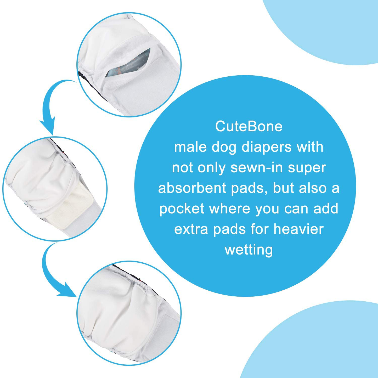 Cutebone Dog Diapers Male Washable Belly Band for Male Dogs Wraps 3Pcs a Pack