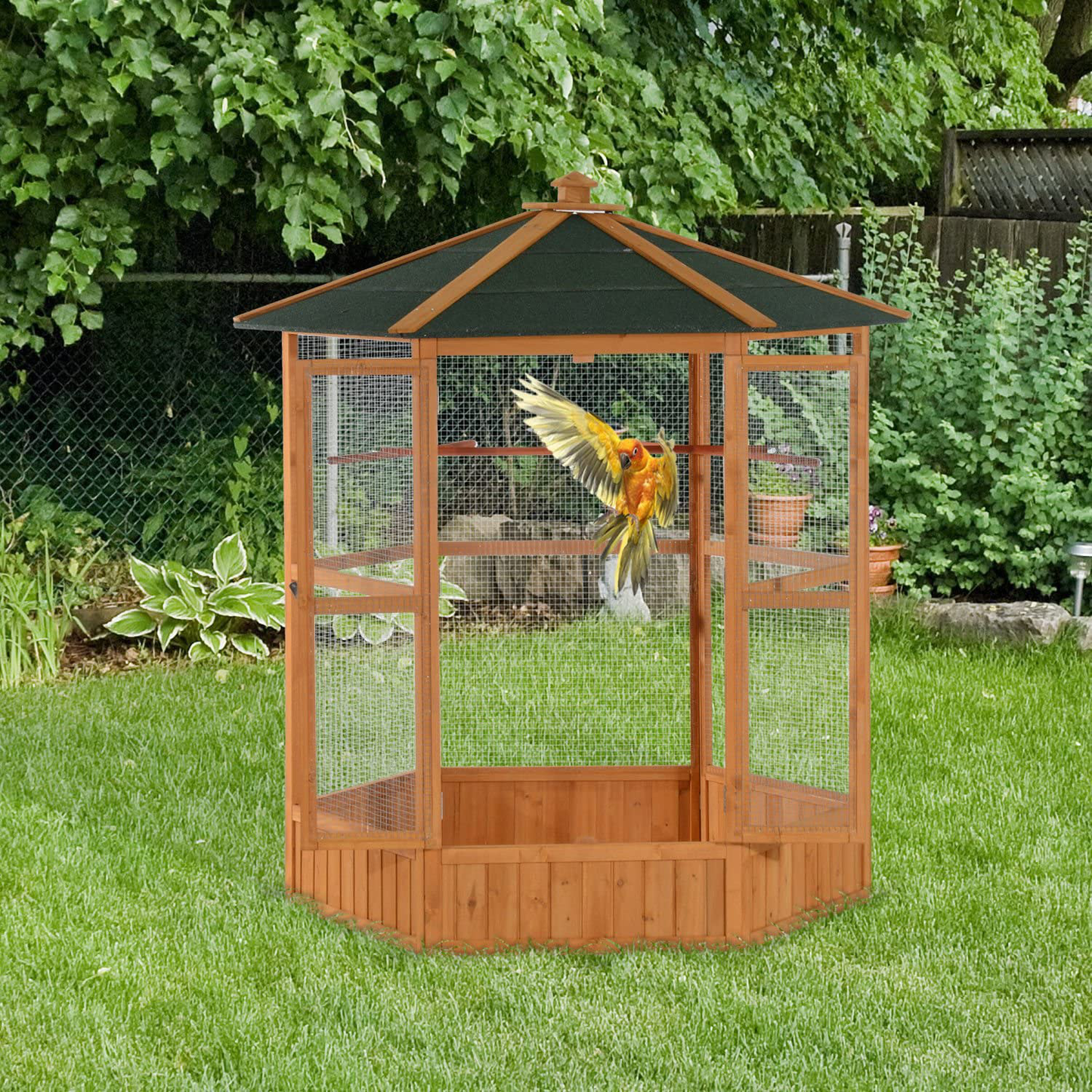 Pawhut 69" Large Wooden Hexagonal Outdoor Aviary Flight Bird Cage with Covered Roof Animals & Pet Supplies > Pet Supplies > Bird Supplies > Bird Cages & Stands PawHut   