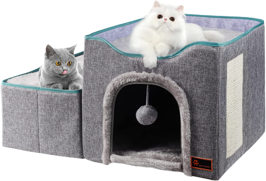 MAYWARD Cat Cube Foldable Cat House with Detachable Storage Box for Indoor, Multifunctional Cat Bed Cave with Ball Hanging and Scratch Pad for All Seasons Animals & Pet Supplies > Pet Supplies > Cat Supplies > Cat Furniture MAYWARD gray  